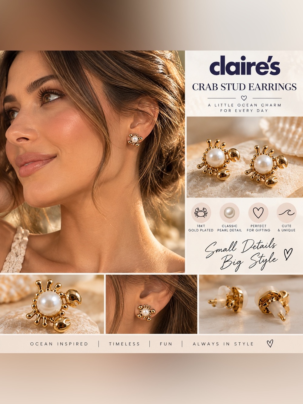 Claire's Gold and Pearl Crab Stud Earrings